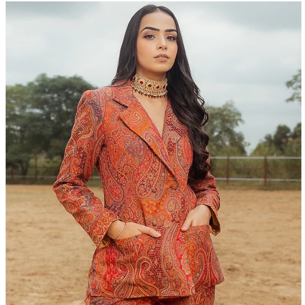 Safaa Womens Paisley Print Blazer Jacket Orange Red Boho Longline Notched Lapel